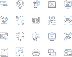 Electronic products outline icons collection. Electronics, Products, Gadgets, Devices, Appliances, Computers, Television vector and illustration concept set. Laptops, Audio, Video linear signs