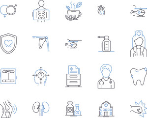 Health and medical services outline icons collection. Medical, Healthcare, Services, Treatment, Diagnosis, Prevention, Rehabilitation vector and illustration concept set. Clinics, Hospitals, Nurses