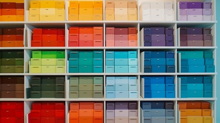 Close-up view of colorful boxes on the shelves in the office Generative AI