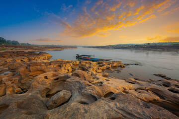 Ubon Ratchathani,Sunrise landscape photo with boat, mountain,Sam Phan Bok, Ubon Ratchathani, Thailand