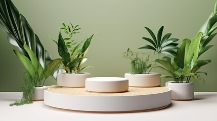 Fototapeta na wymiar Minimal modern product display podium on beige background with tropical leaves, ai gnerated