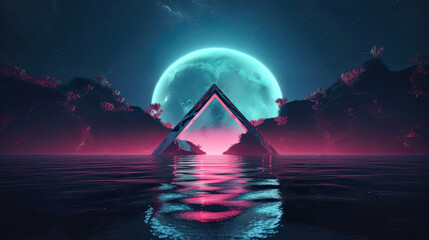 Futuristic night landscape with abstract landscape and island, moonlight, shine. Dark natural scene with reflection of light in the water, neon blue light.