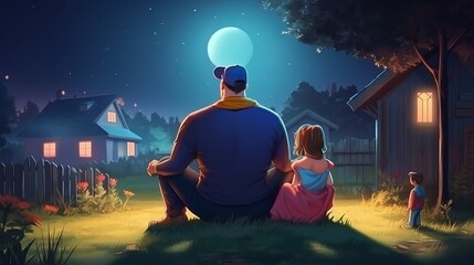 Father's Day illustration - Back view of father sitting with his children, Generative Ai