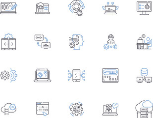 Web programming outline icons collection. Web, programming, HTML, CSS, JavaScript, AJAX, XML vector and illustration concept set. PHP, MySQL, JQuery linear signs