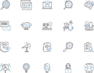 Search outline icons collection. Find, Explore, Hunt, Lookup, Locate, Query, Scan vector and illustration concept set. Track, Research, Dig linear signs