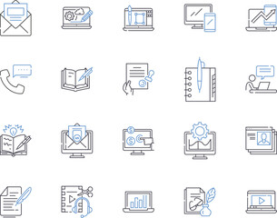 Remote business work outline icons collection. Remote, Business, Work, Telecommute, Digital, Flexible, Online vector and illustration concept set. Virtual, Running, Access linear signs
