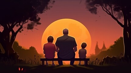 Naklejka na ściany i meble Father's Day illustration - Back view of father sitting with his children, Generative Ai
