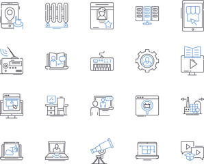 Fototapeta na wymiar Appliances and computers outline icons collection. Appliances, Computers, Refrigerators, Washers, Dryers, Dishwashers, Microwaves vector and illustration concept set. Monitors, Keyboards, Routers