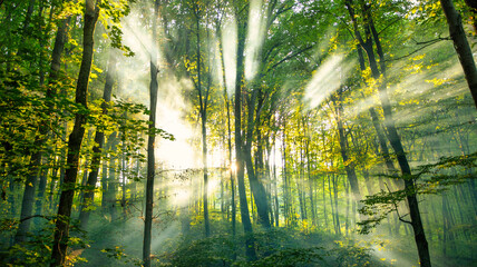 Fototapeta premium Golden sunlight beaming through misty autumn woods