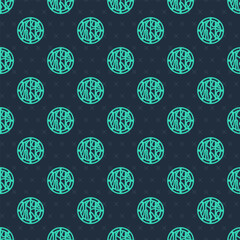 Green line Round wooden shield icon isolated seamless pattern on blue background. Security, safety, protection, privacy, guard concept. Vector