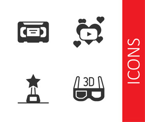 Set 3D cinema glasses, VHS video cassette tape, Movie trophy and Romantic movie icon. Vector