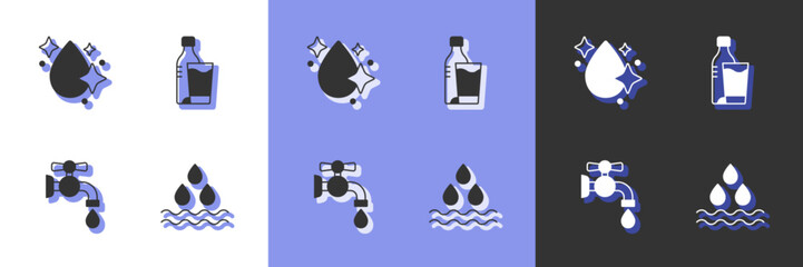 Set Water drop, tap and Bottle of water with glass icon. Vector