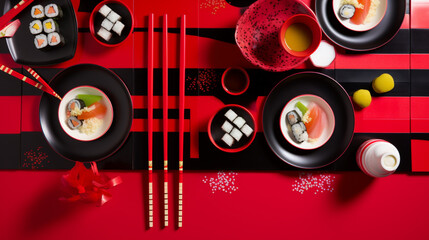 table with sushi plates and chopsticks, still life, red and black color palette. Generative Ai