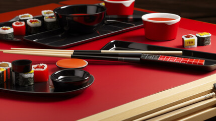 Fototapeta na wymiar red table with sushi and chopsticks, red-black. Generative Ai