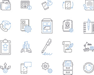 Educational tools outline icons collection. School, Teacher, Learning, Books, Classroom, pencils, iPads vector and illustration concept set. Computers, Chalkboard, Smartboard linear signs