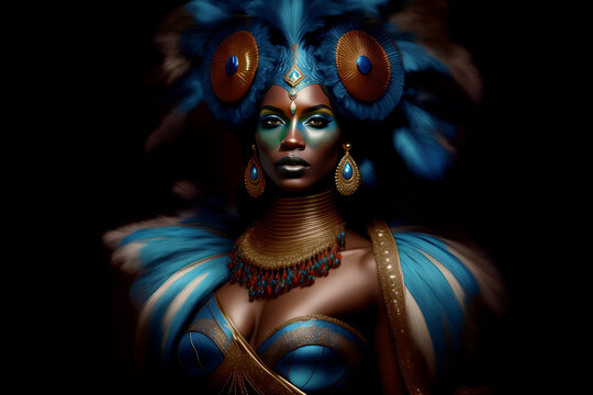 Woman with makeup and feathered dress for party. Beautiful black Woman with beautiful exotic look for parade and colorful headdress Generative Ai