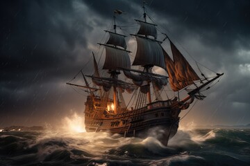 the pirate ship sails on the stormy sea, with lightning and thunder in the background, created with generative ai