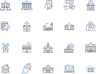 Real estate outline icons collection. Realty, Property, Broker, Studio, Condo, Mansion, Investment vector and illustration concept set. Lease, Residence, Home linear signs