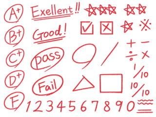 Exam mark written with a red pen, 빨간펜으로 쓴 시험 마크 