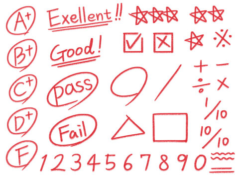 Exam mark written with a red pen, 빨간펜으로 쓴 시험 마크 