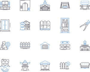 Apartment construction outline icons collection. Building, Apartment, Constructing, Engineering, Architecture, Designing, Contractors vector and illustration concept set. Steel, Concrete, Masonry