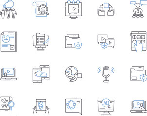 journalism outline icons collection. Reporting, Writing, Editing, Newsgathering, Journalism, Investigative, Multimedia vector and illustration concept set. Digital,Breaking, Headlines linear signs
