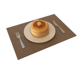 pancakes with syrup and butter on plate isolated on white background. 3d rendering illustration