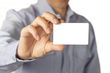 Close up of a man holding a blank card. Selective focus.