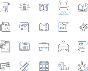 Office administration outline icons collection. Office, administration, management, clerical, operations, supervision, scheduling vector and illustration concept set. records, security, receptionist