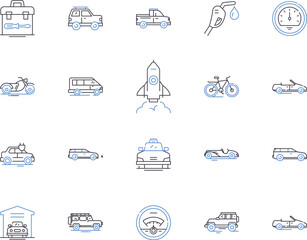 Transport service outline icons collection. Transportation, Shipping, Delivery, Courier, Logistics, Freight, Moving vector and illustration concept set. Hauling, Cruise, Rail linear signs