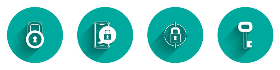 Set Lock, Mobile with closed padlock, and Old key icon with long shadow. Vector