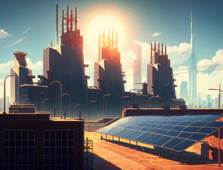 solar power station with city skyline. AI generative