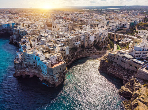 Polignano a Mare drone shot. Aerial view shot of Cala Paura in Puglia, Polignano.
