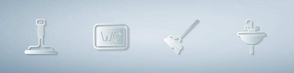 Set Rubber cleaner for windows, Toilet, Mop and Washbasin. Paper art style. Vector