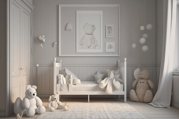 Modern bright white nursery room with toys for child as interior design illustration Generative AI