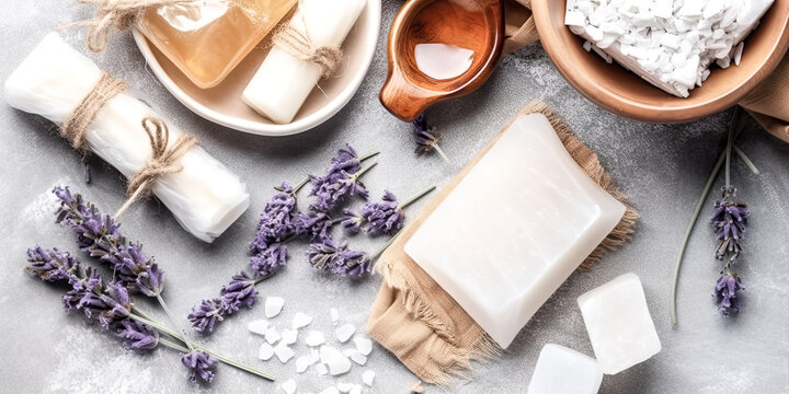 The natural soap bars and ingredients were pictured - generative ai.