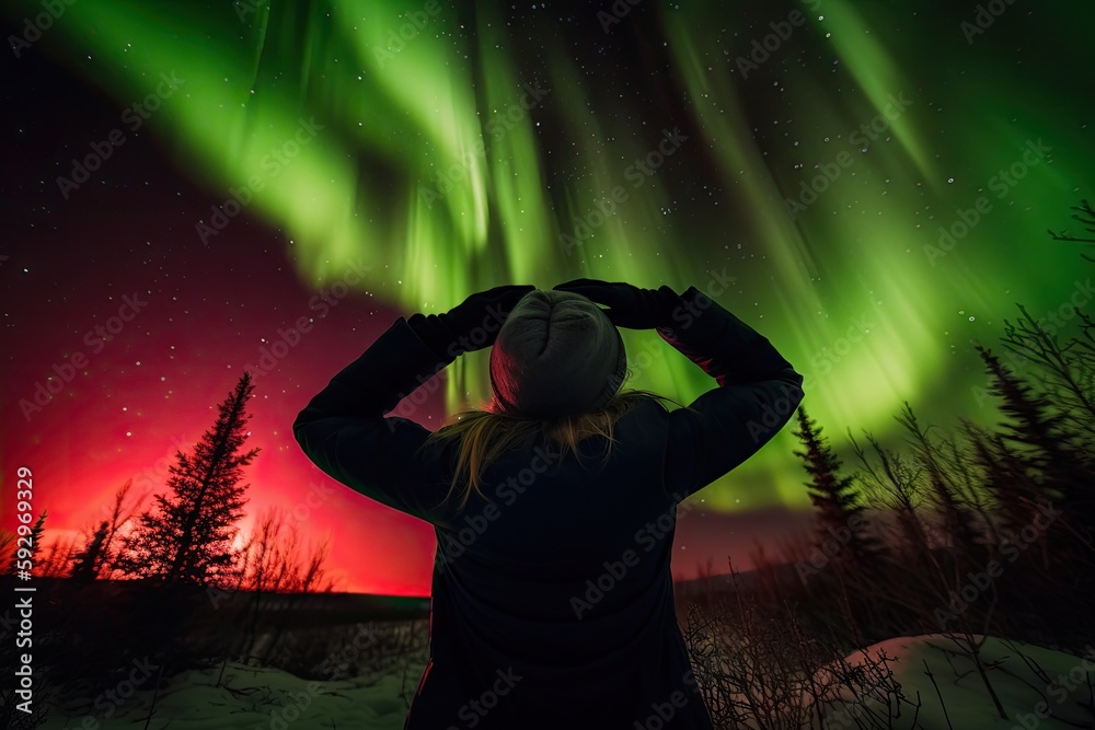 Sticker person, shielding their eyes from solar flare, with view of aurora visible in the background, create