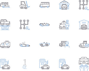 Transport services outline icons collection. Transportation, Shipping, Logistics, Delivery, Courier, Transiting, Haulage vector and illustration concept set. Freight,Hauling,Taxi linear signs