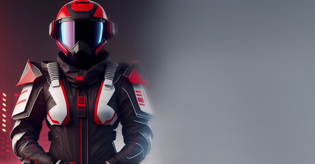 Futuristic banner with a moto racer in a helmet and racing suit