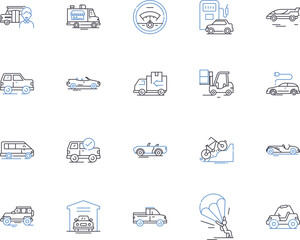 Vehicles outline icons collection. Cars, Trucks, Buses, Motors, Boats, Motorbikes, Scooters vector and illustration concept set. Vans, Lorries, Trailers linear signs