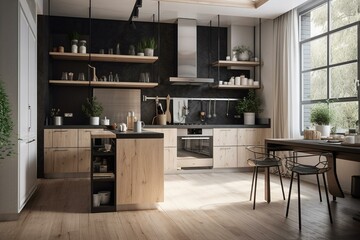 Kitchen interior design 3d render, 3d illustration. Generative AI