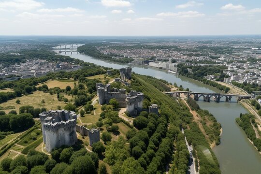Angers aerial panoramic view, France. Generative AI