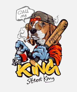 King Graffiti Style Slogan With Cartoon Dog Holding Spray Paint Vector Illustration