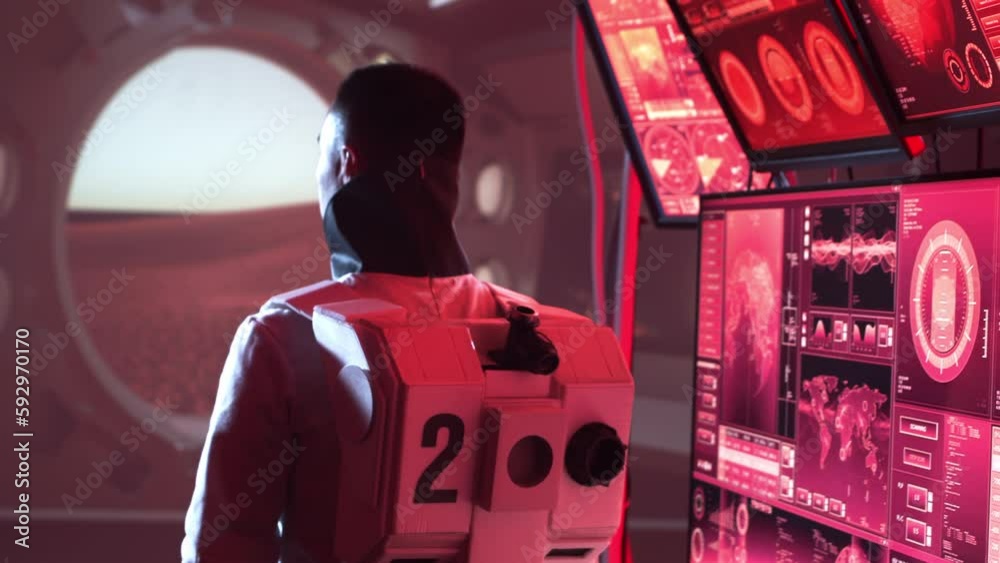 Wall mural team of astronauts in a space suits aboard the mars station. a crew of cosmonauts piloting the space