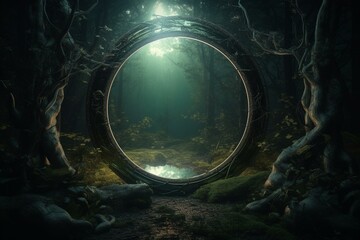 Dark mysterious forest with a magical magic mirror, a portal to another world. Night fantasy forest. 3D illustration. Generative AI