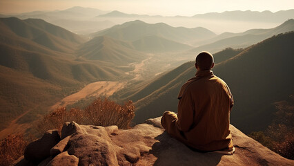 Fototapeta na wymiar Man meditating on top of a mountain at sunset, sunrise