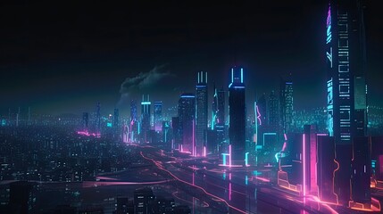 Fototapeta premium An image of a futuristic city skyline at night, with neon lights and glowing buildings - Generative AI