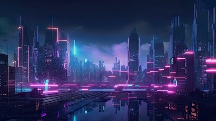 An image of a futuristic city skyline at night, with neon lights and glowing buildings - Generative AI