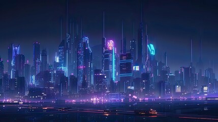 An image of a futuristic city skyline at night, with neon lights and glowing buildings - Generative AI