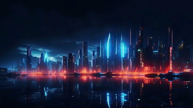 An image of a futuristic city skyline at night, with neon lights and glowing buildings - Generative AI © ImageMaster